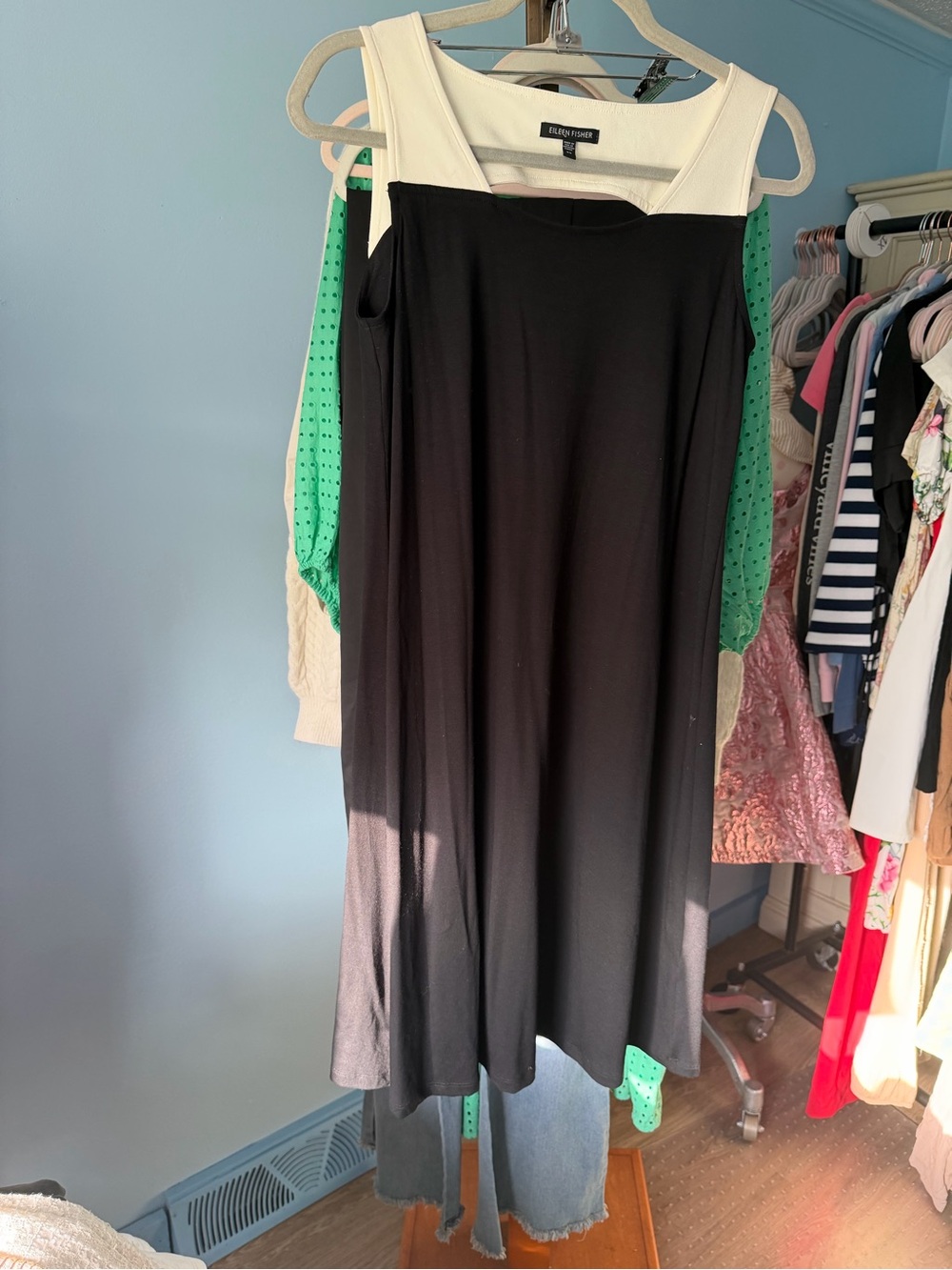 Eileen Fisher Black Midi A-Line Skirt with Cream Yoke
